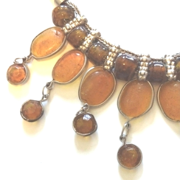 .925 SILVER OXIDIZED VINTAGE CHOKER NECKLACE WITH NATURAL BALTIC AMBER STONES - Picture 3 of 10